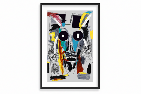 An abstract art print featuring various colors on a grey background, with the artist's signature in the center.