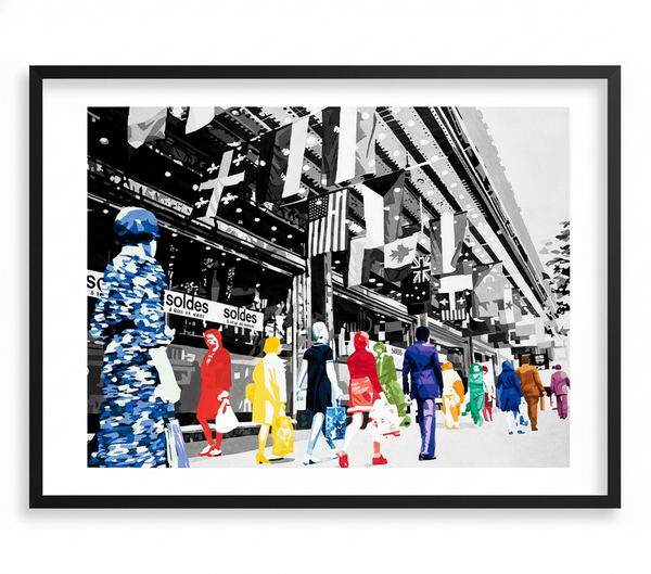 Framed artwork of colorful mannequins on a city street with 'Solides' sign.